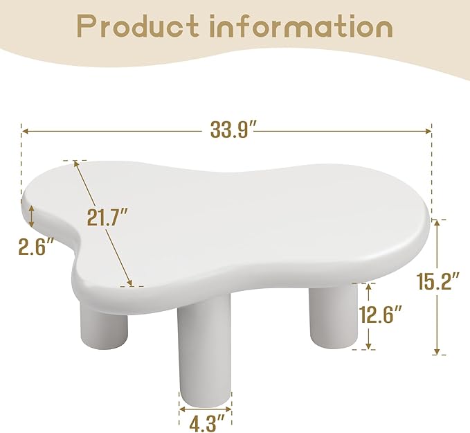 Cloud Coffee Table, Unique Design Living Room and Bedroom Decorative Table, Stylish and Functional Furniture Piece - Durable and Easy to Clean, Free Form with 3 Legs, 34 Inch, Cream White