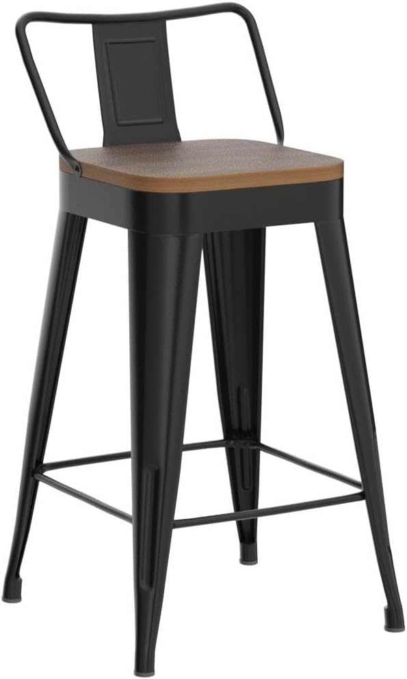 Bar Stools 4 Piece Set Metal Bar Stools Counter Height Bar Stools Black, Modern 24 Inch Bar Stools with Back and Wooden Seat Bar Stools Counter Height