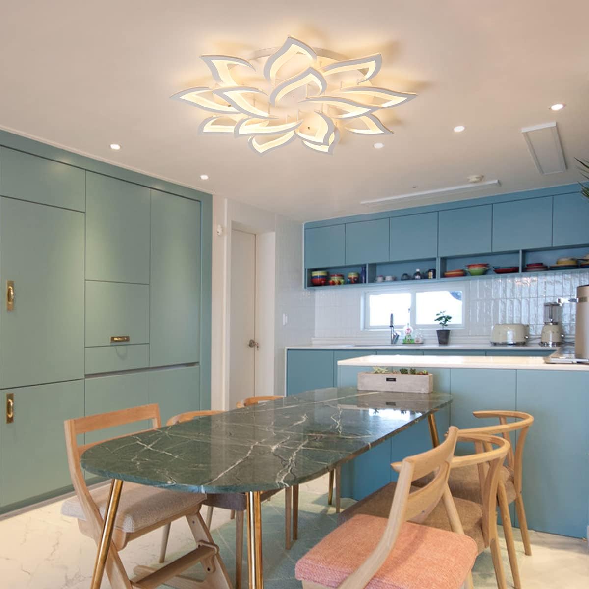 LED Dimmable Flower Shape Ceiling Light 14 Heads Modern Petal Recessed Ceiling Light with Remote Control White Metal Acrylic Ceiling Chandelier for Living Room Bedroom Dining Room