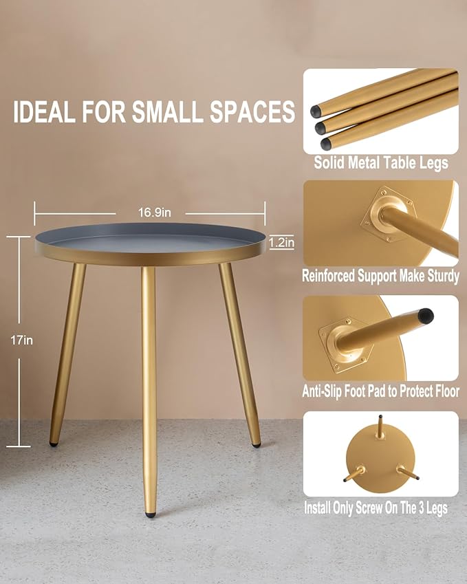 Side Table: Indoor Side Table - Round Side Table for Small Spaces - Grey Top 3 Legs