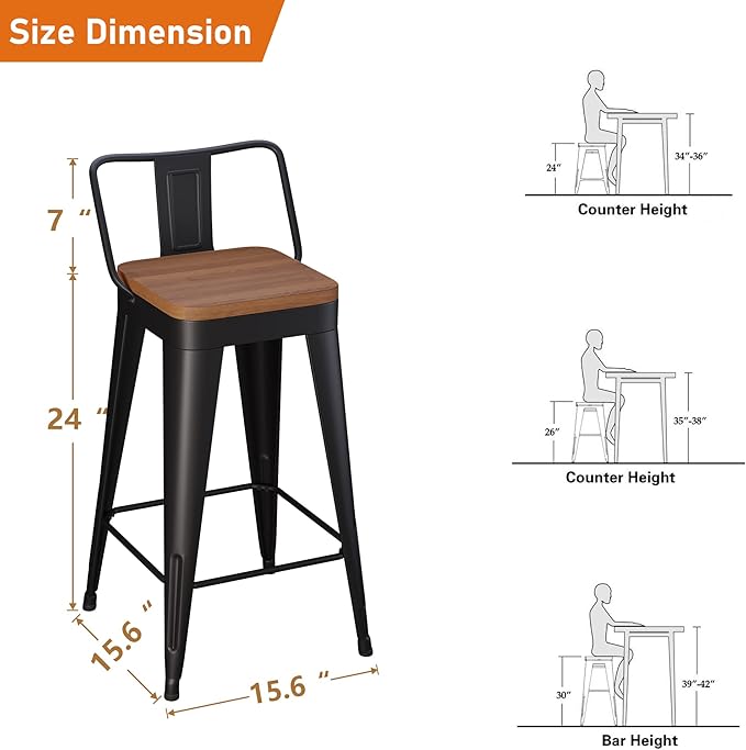 Bar Stools 4 Piece Set Metal Bar Stools Counter Height Bar Stools Black, Modern 24 Inch Bar Stools with Back and Wooden Seat Bar Stools Counter Height