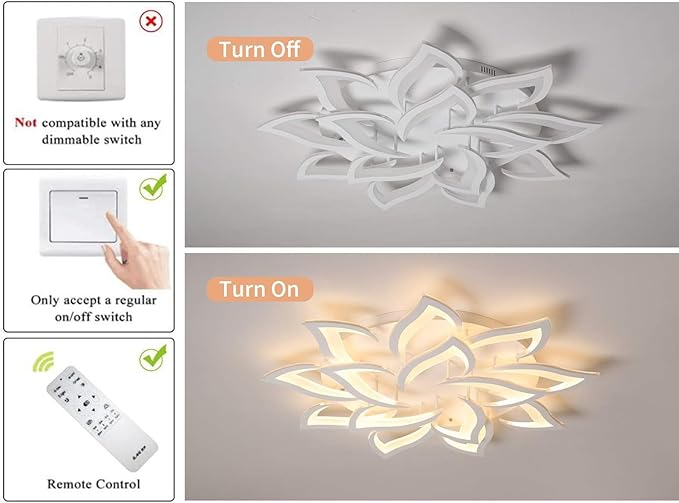 LED Dimmable Flower Shape Ceiling Light 14 Heads Modern Petal Recessed Ceiling Light with Remote Control White Metal Acrylic Ceiling Chandelier for Living Room Bedroom Dining Room