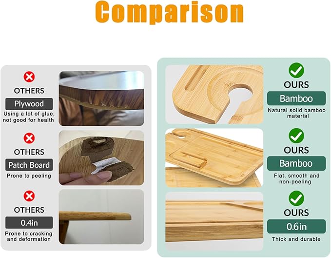 Bamboo Sofa Table, Adjustable C Shape Side Table with Phone Holder, 360° Rotating TV Tray, Suitable for Sofa, Bedroom or Living Room Dining, Small Space, Rectangular