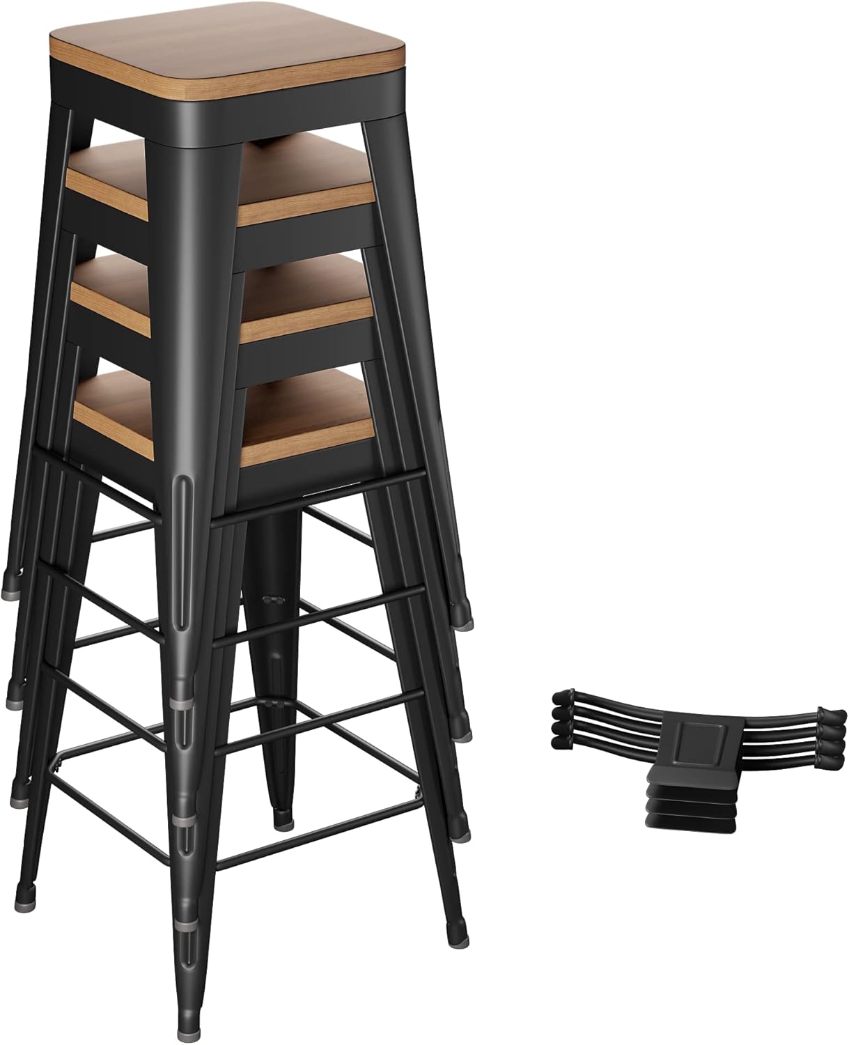 Bar Stools 4 Piece Set Metal Bar Stools Counter Height Bar Stools Black, Modern 24 Inch Bar Stools with Back and Wooden Seat Bar Stools Counter Height