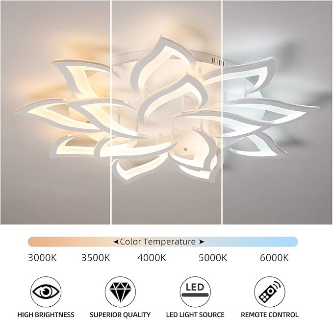 LED Dimmable Flower Shape Ceiling Light 14 Heads Modern Petal Recessed Ceiling Light with Remote Control White Metal Acrylic Ceiling Chandelier for Living Room Bedroom Dining Room
