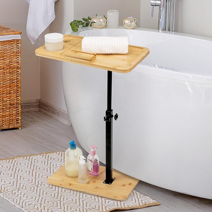 Bamboo Sofa Table, Adjustable C Shape Side Table with Phone Holder, 360° Rotating TV Tray, Suitable for Sofa, Bedroom or Living Room Dining, Small Space, Rectangular