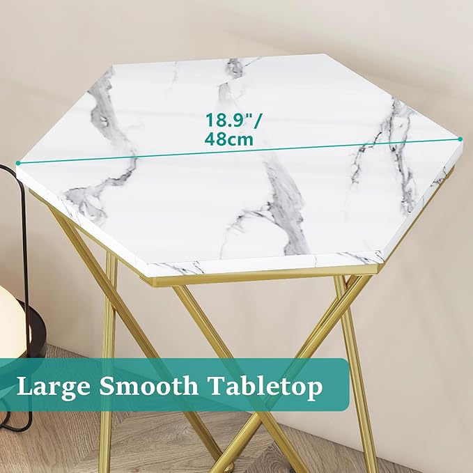 Side Table, Modern Small End Table with Imitation Marble Panel, Sofa Tables with Gold Metal Legs, Coffee Accent Tables for Living Room, Bedroom, Office