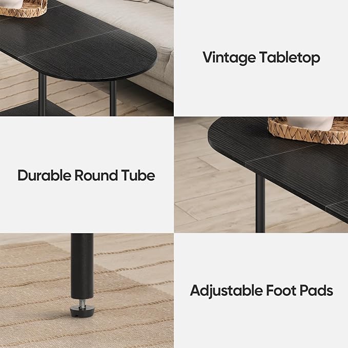 Black coffee table for living room, small mid century oval center table with storage shelves and wooden tabletop, 2 tier farmhouse low cocktail coffee table for small space, small apartment