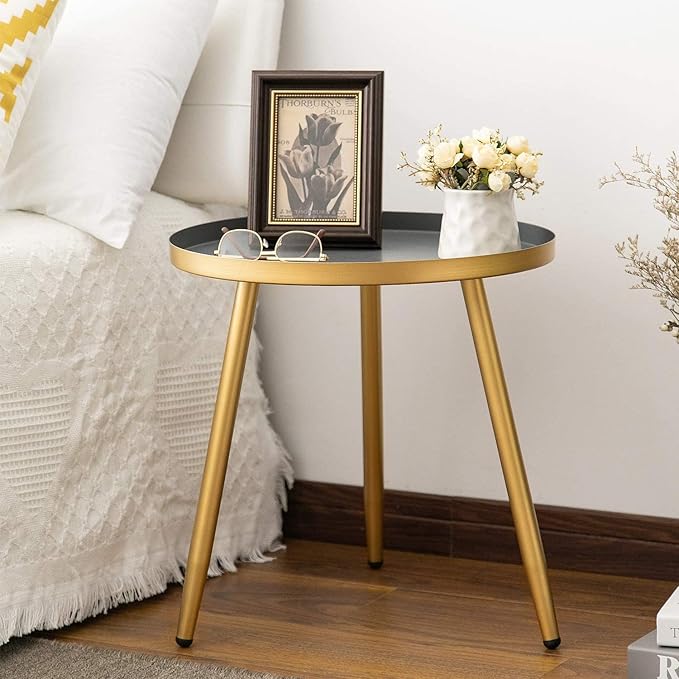 Side Table: Indoor Side Table - Round Side Table for Small Spaces - Grey Top 3 Legs