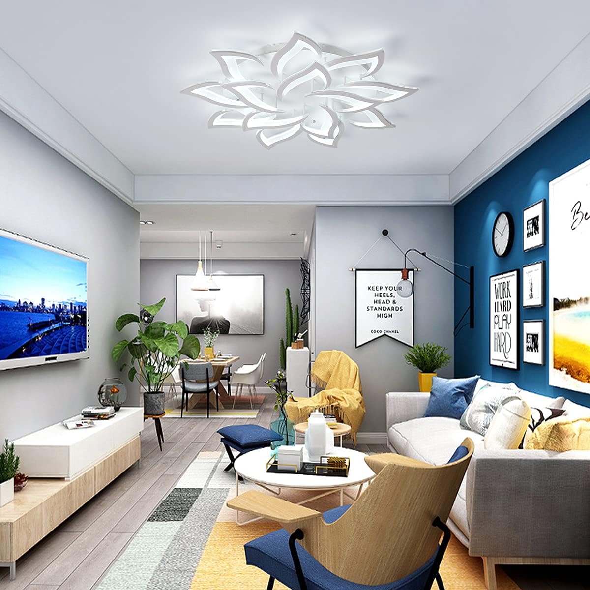 LED Dimmable Flower Shape Ceiling Light 14 Heads Modern Petal Recessed Ceiling Light with Remote Control White Metal Acrylic Ceiling Chandelier for Living Room Bedroom Dining Room