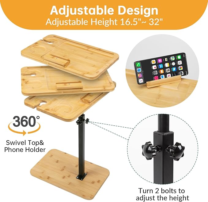 Bamboo Sofa Table, Adjustable C Shape Side Table with Phone Holder, 360° Rotating TV Tray, Suitable for Sofa, Bedroom or Living Room Dining, Small Space, Rectangular