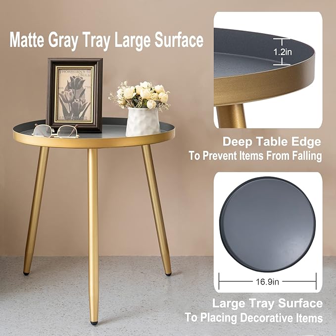 Side Table: Indoor Side Table - Round Side Table for Small Spaces - Grey Top 3 Legs
