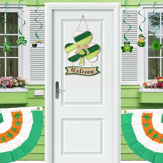 Shamrock St. Patrick's Day Welcome Door Sign Decor, Lucky Irish Wooden Hanging Sign Rustic Ornament Wood Wreath with Bow for Happy St. Patrick's Day Party Front Door Wall Home Decorations 2 Plaques