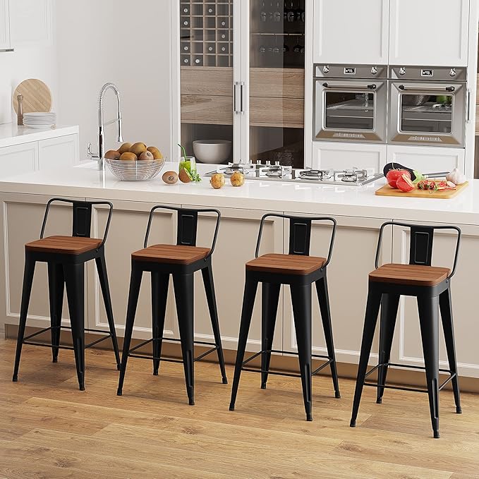 Bar Stools 4 Piece Set Metal Bar Stools Counter Height Bar Stools Black, Modern 24 Inch Bar Stools with Back and Wooden Seat Bar Stools Counter Height