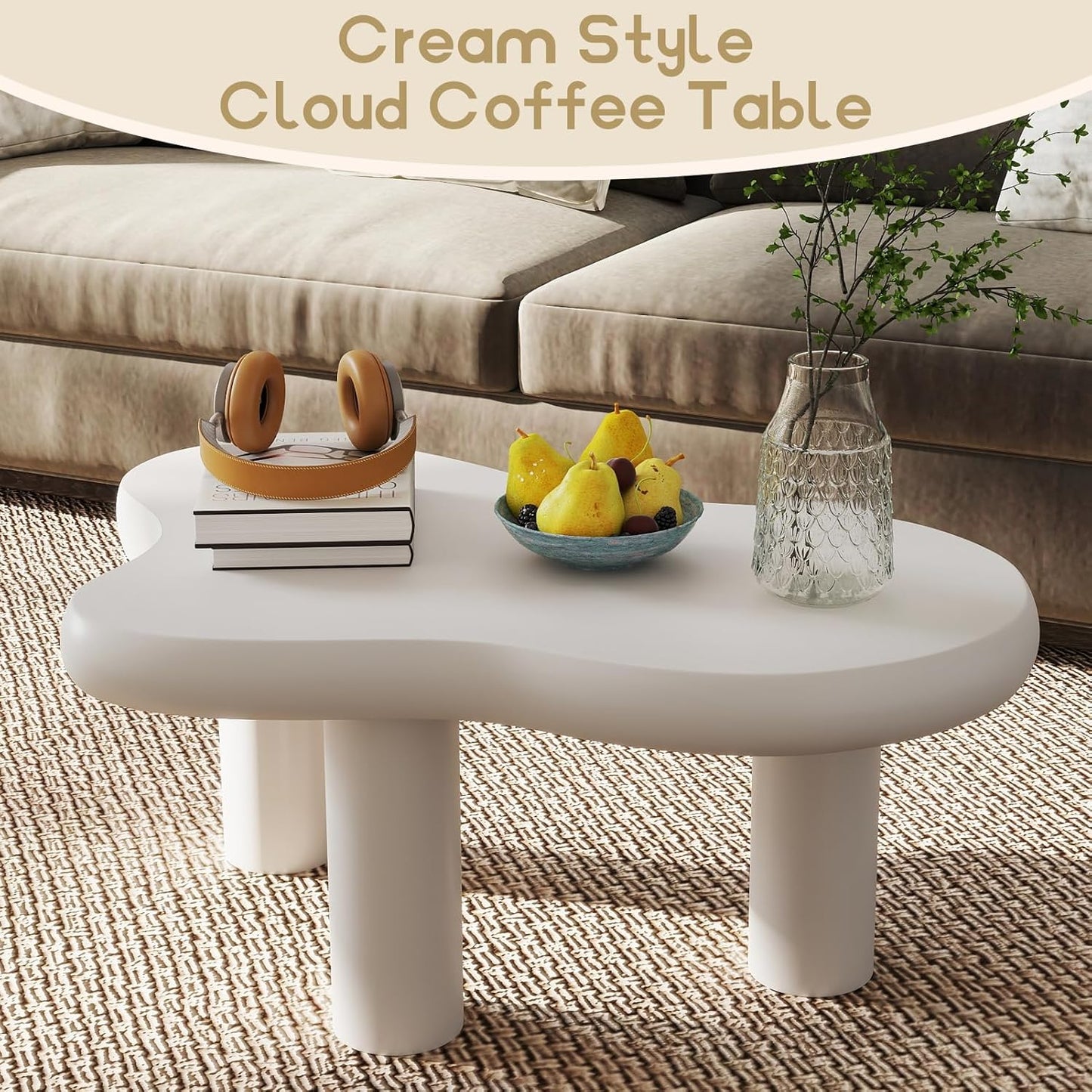 Cloud Coffee Table, Unique Design Living Room and Bedroom Decorative Table, Stylish and Functional Furniture Piece - Durable and Easy to Clean, Free Form with 3 Legs, 34 Inch, Cream White