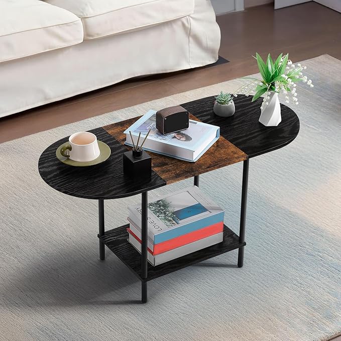 Black coffee table for living room, small mid century oval center table with storage shelves and wooden tabletop, 2 tier farmhouse low cocktail coffee table for small space, small apartment