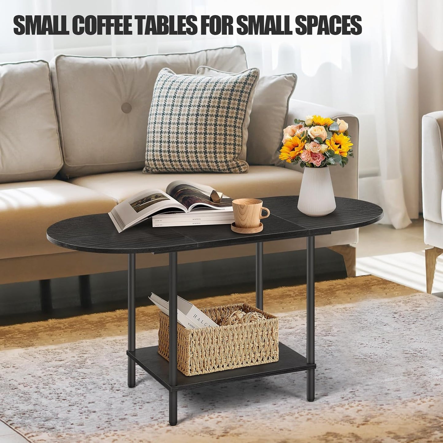 Black coffee table for living room, small mid century oval center table with storage shelves and wooden tabletop, 2 tier farmhouse low cocktail coffee table for small space, small apartment