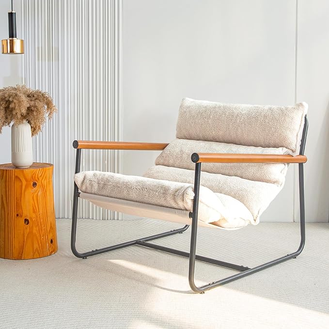 Lambskin chair, faux lambskin armchair, living room chair, reading accent chair, mid-century modern bedroom chair, teddy armchair, wooden armrests metal frame