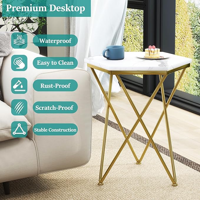 Side Table, Modern Small End Table with Imitation Marble Panel, Sofa Tables with Gold Metal Legs, Coffee Accent Tables for Living Room, Bedroom, Office