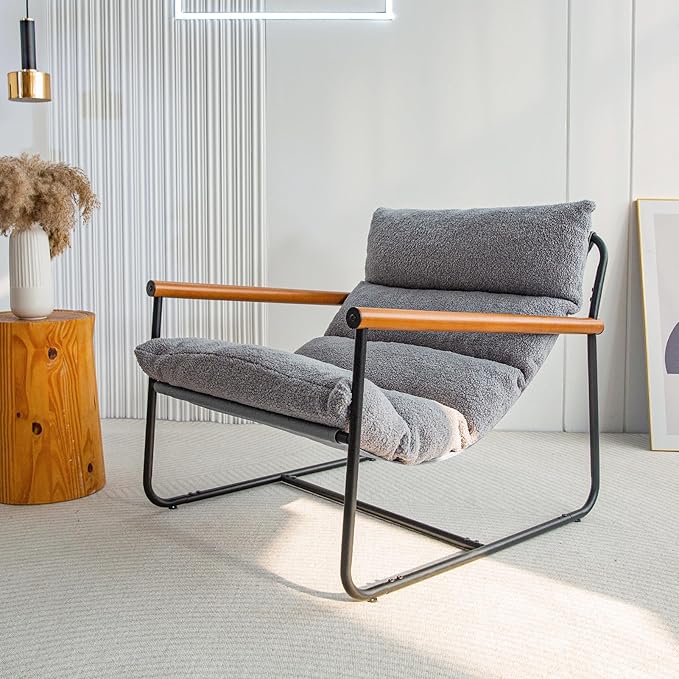 Lambskin chair, faux lambskin armchair, living room chair, reading accent chair, mid-century modern bedroom chair, teddy armchair, wooden armrests metal frame