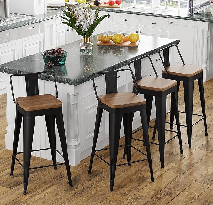 Bar Stools 4 Piece Set Metal Bar Stools Counter Height Bar Stools Black, Modern 24 Inch Bar Stools with Back and Wooden Seat Bar Stools Counter Height