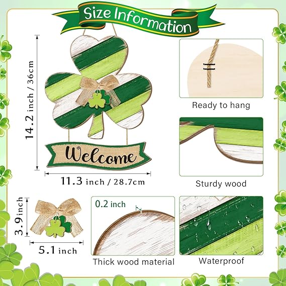 Shamrock St. Patrick's Day Welcome Door Sign Decor, Lucky Irish Wooden Hanging Sign Rustic Ornament Wood Wreath with Bow for Happy St. Patrick's Day Party Front Door Wall Home Decorations 2 Plaques