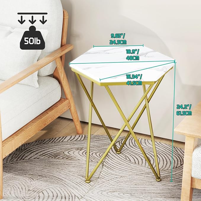 Side Table, Modern Small End Table with Imitation Marble Panel, Sofa Tables with Gold Metal Legs, Coffee Accent Tables for Living Room, Bedroom, Office
