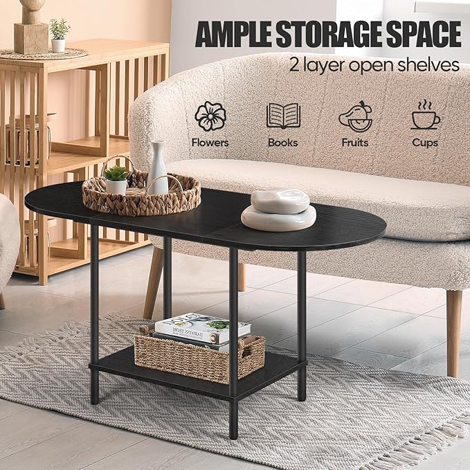 Black coffee table for living room, small mid century oval center table with storage shelves and wooden tabletop, 2 tier farmhouse low cocktail coffee table for small space, small apartment