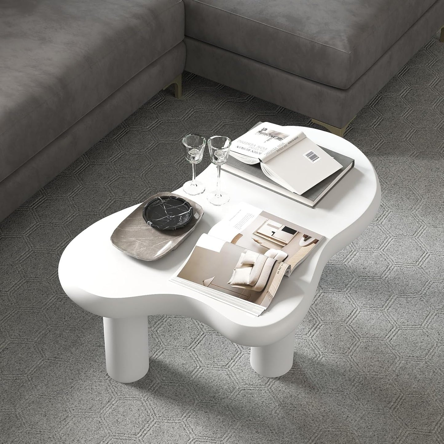 Cloud Coffee Table, Unique Design Living Room and Bedroom Decorative Table, Stylish and Functional Furniture Piece - Durable and Easy to Clean, Free Form with 3 Legs, 34 Inch, Cream White