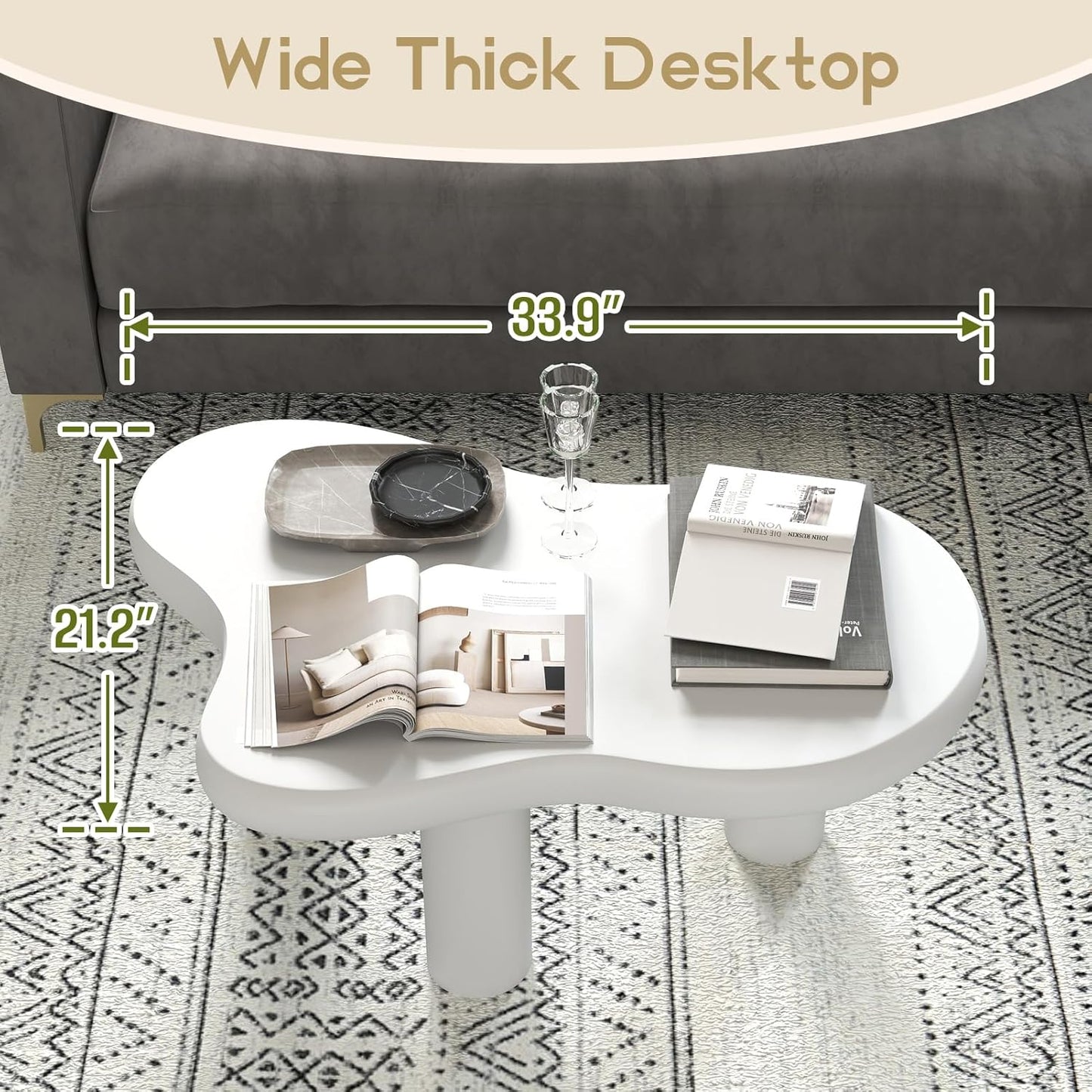 Cloud Coffee Table, Unique Design Living Room and Bedroom Decorative Table, Stylish and Functional Furniture Piece - Durable and Easy to Clean, Free Form with 3 Legs, 34 Inch, Cream White