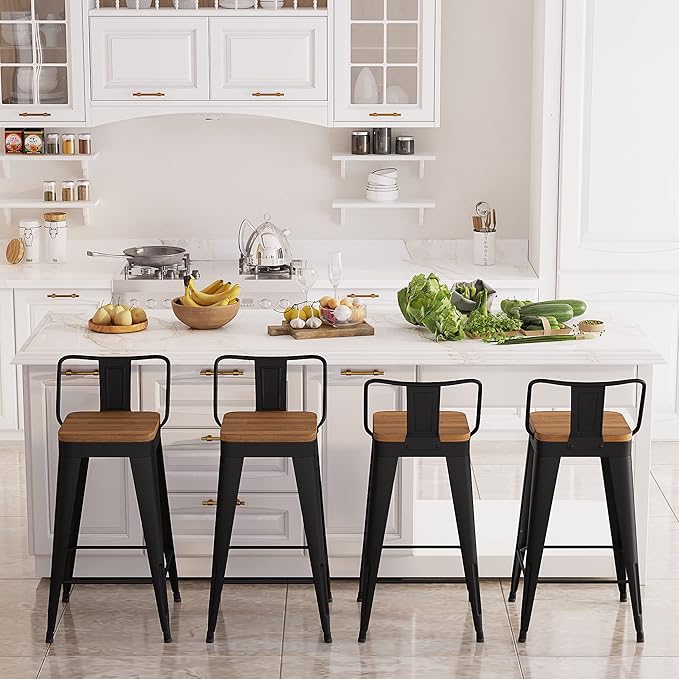Bar Stools 4 Piece Set Metal Bar Stools Counter Height Bar Stools Black, Modern 24 Inch Bar Stools with Back and Wooden Seat Bar Stools Counter Height