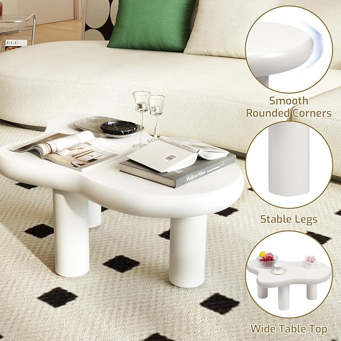 Cloud Coffee Table, Unique Design Living Room and Bedroom Decorative Table, Stylish and Functional Furniture Piece - Durable and Easy to Clean, Free Form with 3 Legs, 34 Inch, Cream White