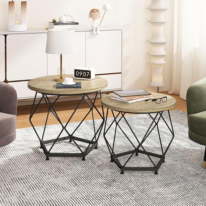Small coffee table set of 2, modern round coffee table with metal frame, living room table easy to assemble, bedroom, office side table
