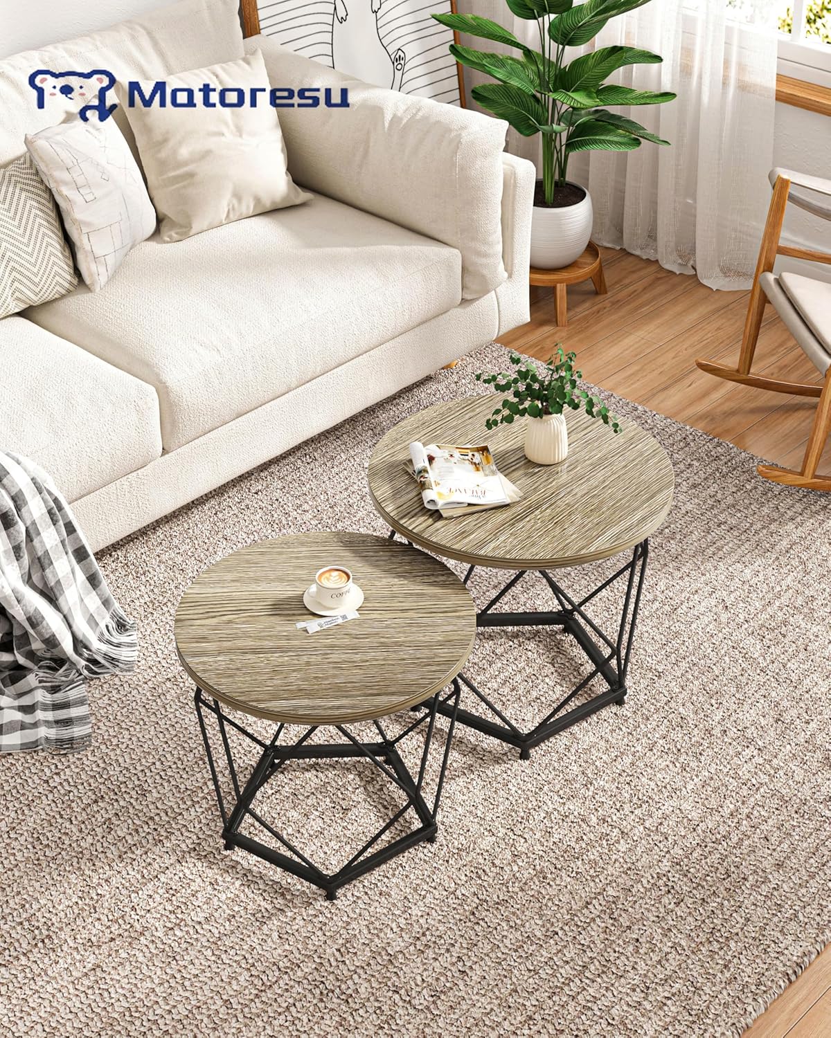 Small coffee table set of 2, modern round coffee table with metal frame, living room table easy to assemble, bedroom, office side table