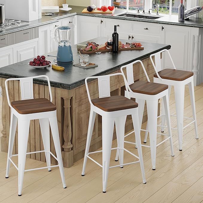 Bar Stools 4 Piece Set Metal Bar Stools Counter Height Bar Stools Black, Modern 24 Inch Bar Stools with Back and Wooden Seat Bar Stools Counter Height