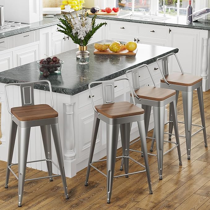 Bar Stools 4 Piece Set Metal Bar Stools Counter Height Bar Stools Black, Modern 24 Inch Bar Stools with Back and Wooden Seat Bar Stools Counter Height