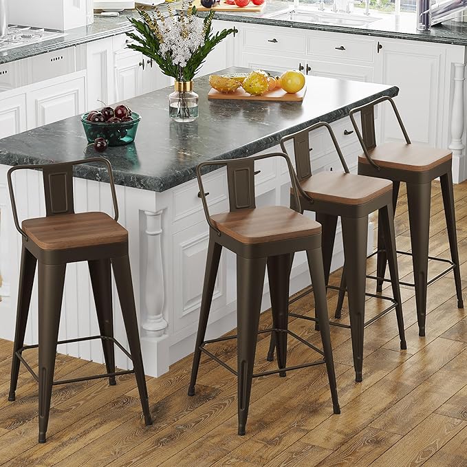 Bar Stools 4 Piece Set Metal Bar Stools Counter Height Bar Stools Black, Modern 24 Inch Bar Stools with Back and Wooden Seat Bar Stools Counter Height