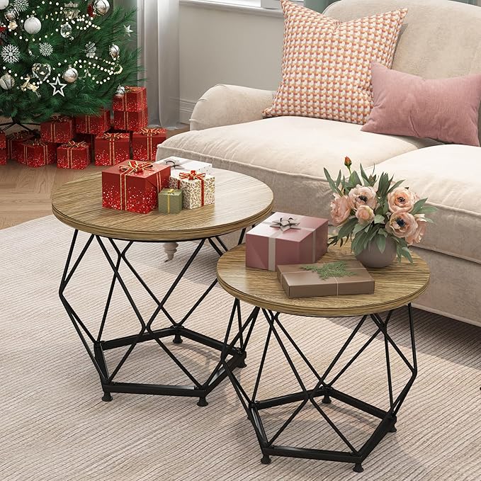 Small coffee table set of 2, modern round coffee table with metal frame, living room table easy to assemble, bedroom, office side table