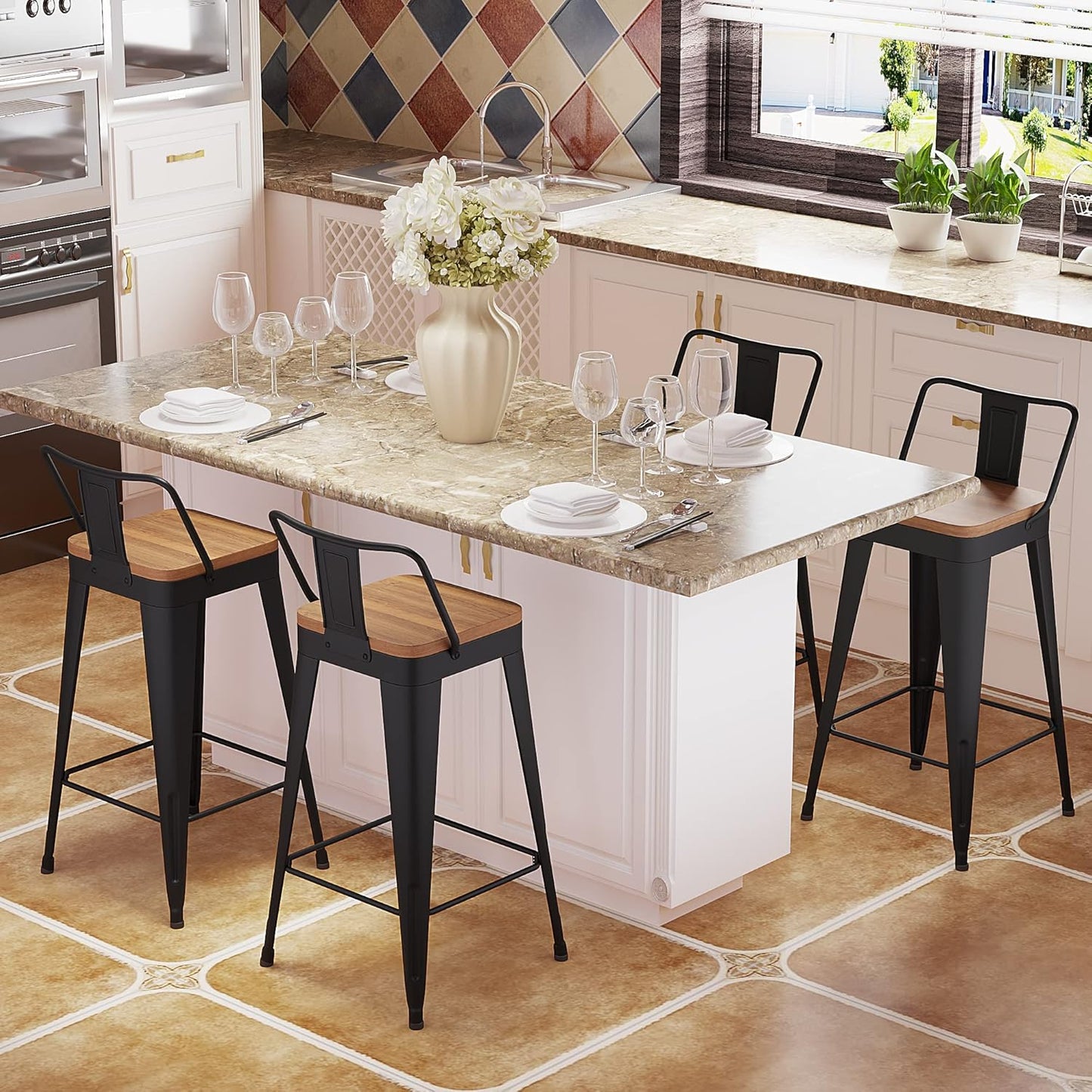 Bar Stools 4 Piece Set Metal Bar Stools Counter Height Bar Stools Black, Modern 24 Inch Bar Stools with Back and Wooden Seat Bar Stools Counter Height