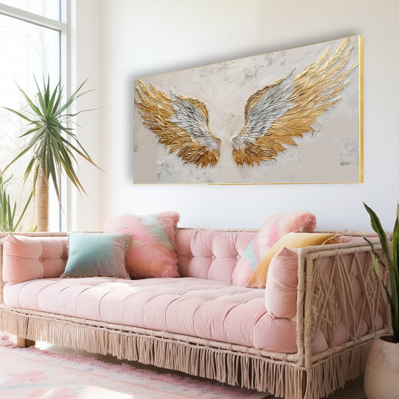 3D Abstract Wings Textured Wall Art Original Golden Wings Painting
