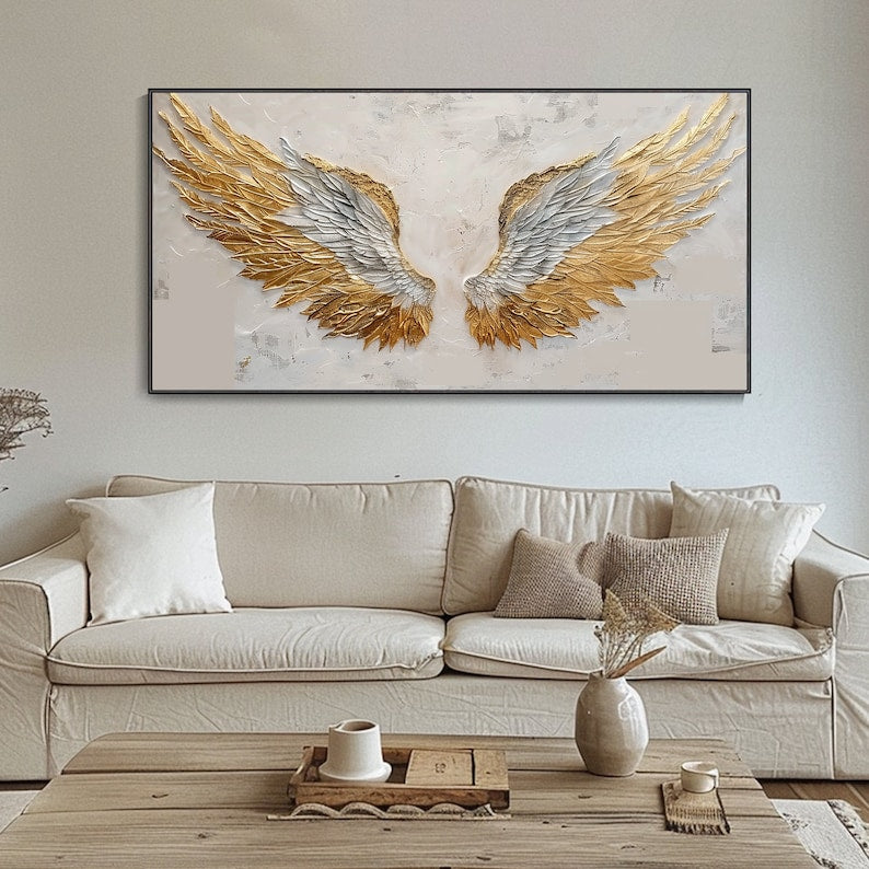 3D Abstract Wings Textured Wall Art Original Golden Wings Painting