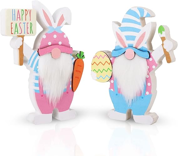 Easter Decorations for The Home, 2 pcs Easter Bunny Shape Gnome Freestanding Wooden Table Centerpiece Signs Easter Gnomes for Tabletop Home Tiered Tray Decor Farmhouse for Easter Gifts