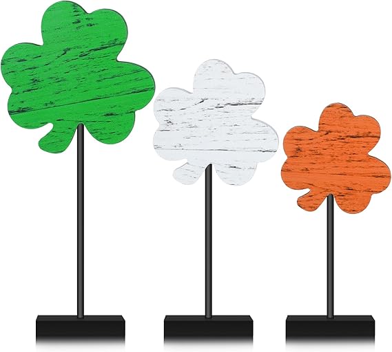 3 Pcs St Patrick's Day Decorations Irish Wood Shamrock Tabletop Decor Green Lucky Clover Block Sign Tall Standing Freestanding St Patrick Centerpiece for Table Home Party(Retro)