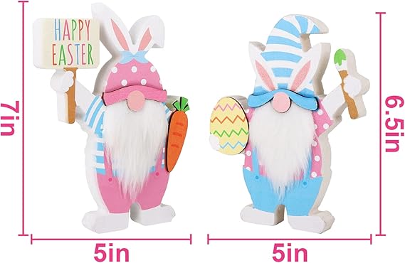 Easter Decorations for The Home, 2 pcs Easter Bunny Shape Gnome Freestanding Wooden Table Centerpiece Signs Easter Gnomes for Tabletop Home Tiered Tray Decor Farmhouse for Easter Gifts