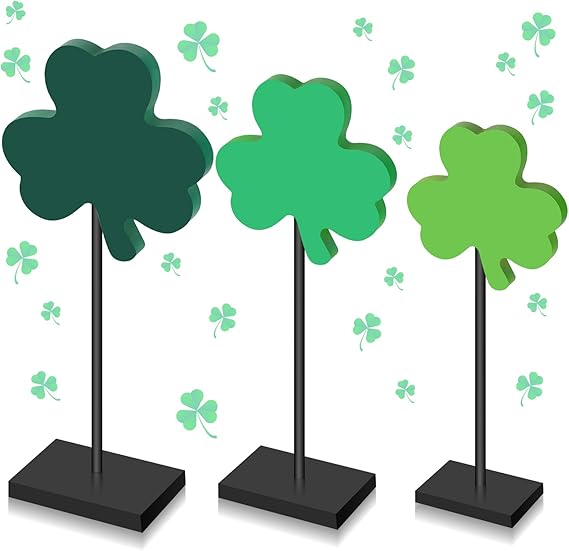 3 Pcs St Patrick's Day Decorations Irish Wood Shamrock Tabletop Decor Green Lucky Clover Block Sign Tall Standing Freestanding St Patrick Centerpiece for Table Home Party(Retro)