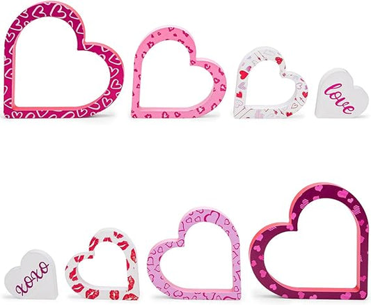 Wooden Valentines Day Decor - 4 PCS Double-Sided Cute Wood Heart Signs for Valentines Decorations - Valentines Day Decorations for The Home, Table, Tiered Tray, Mantel, Office, Bedroom