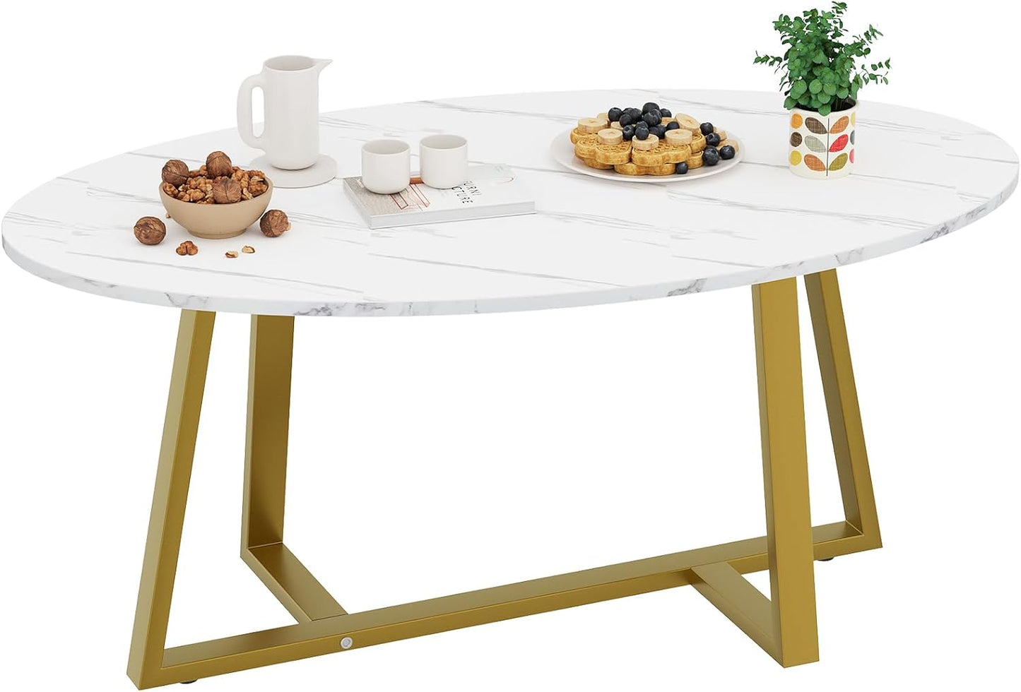 Coffee Table White Faux Marble Coffee Table for Living Room,Oval Center Table Modern Tea Table for Small Space,Wooden Living Room Tables End Table with Sturdy Gold Metal Leg