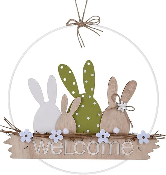 Easter Wreaths for Front Door Easter Bunny Welcome Rabbit Wood Sign Easter Door Hanger Spring Door Decorations Easter Hanging Plaque Rabbit Sign Easter Decorations for Home Shop Garden
