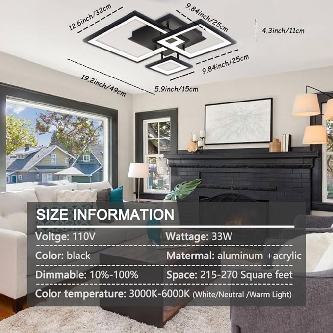 Modern Black Led Ceiling Light 3-Square Design 3000K-6500K Dimmable LED Ceiling Light with Remote 33W Acrylic Ceiling Lighting Fixture for Bedroom Kitchen Dining Room Office Lamps
