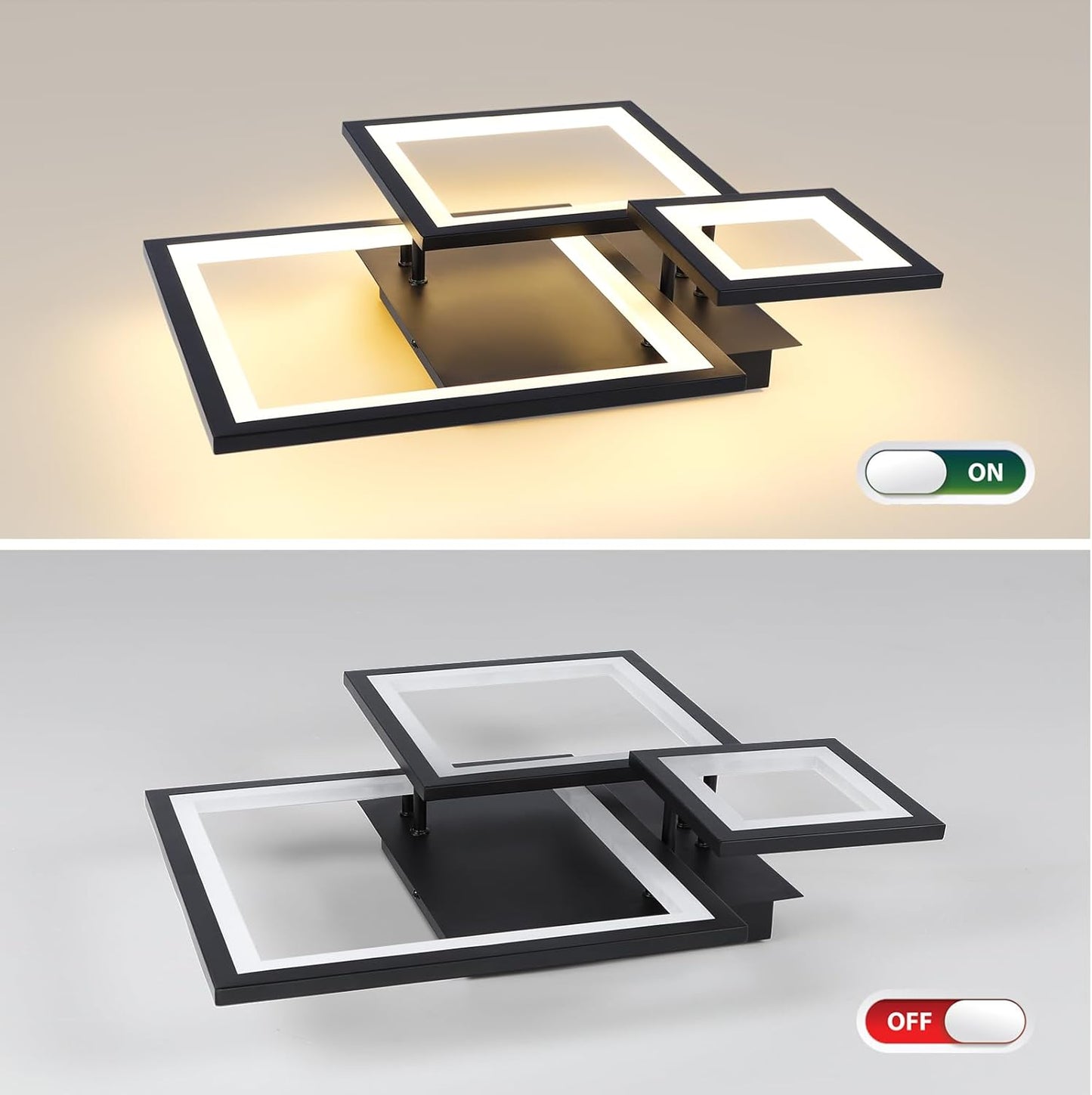 Modern Black Led Ceiling Light 3-Square Design 3000K-6500K Dimmable LED Ceiling Light with Remote 33W Acrylic Ceiling Lighting Fixture for Bedroom Kitchen Dining Room Office Lamps